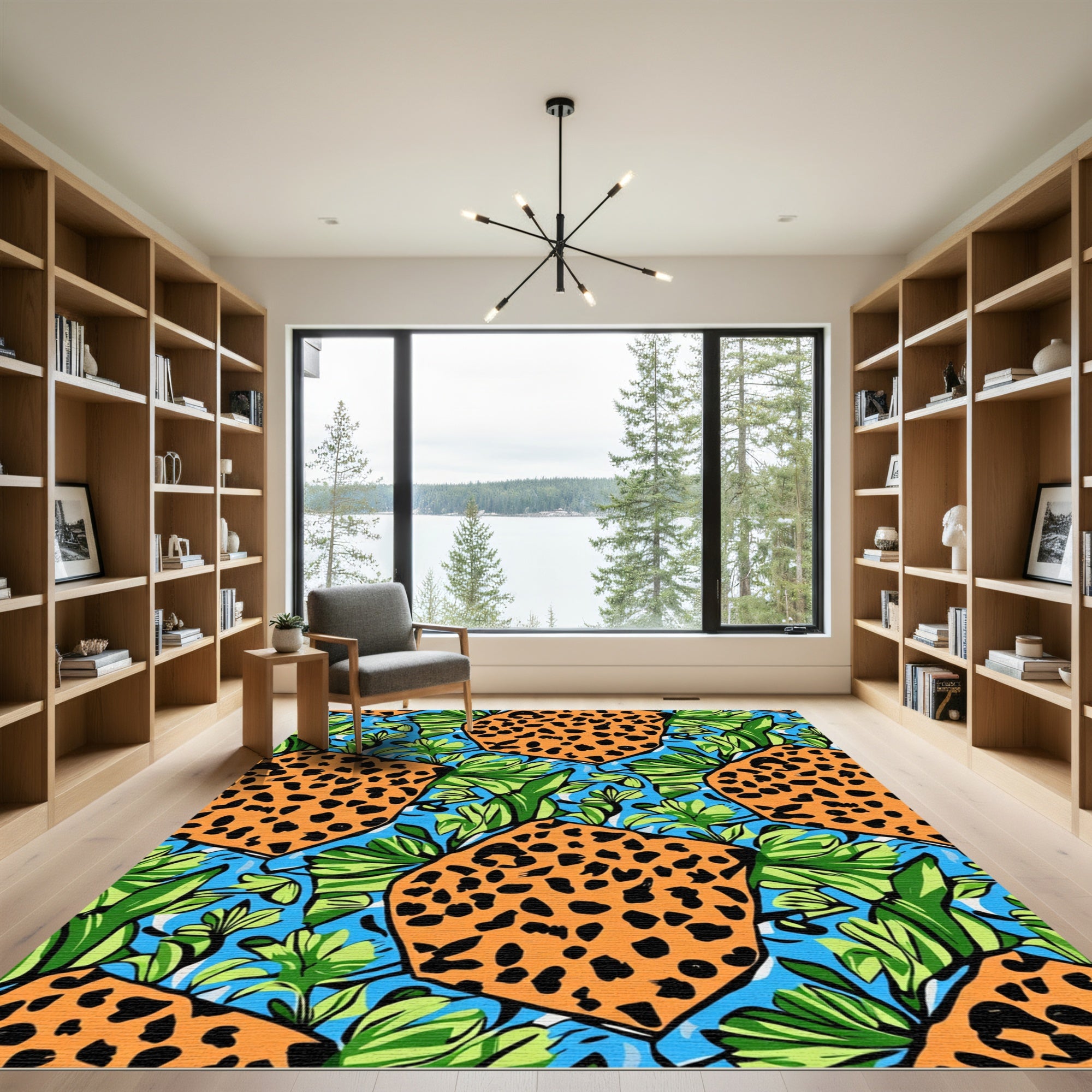 Bold Orange Leopard Jungle Leaves Rug