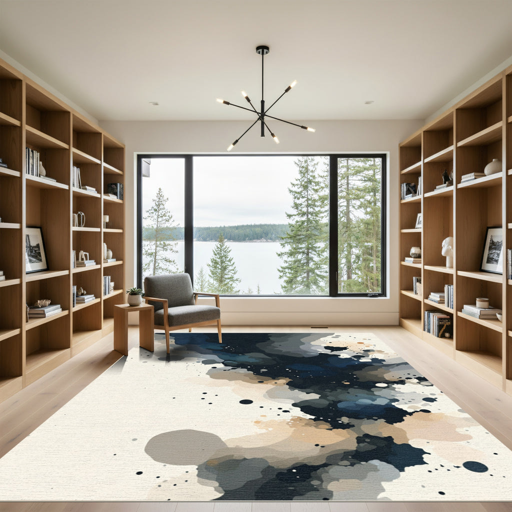 Navy Blue Abstract Ink Wash Rug