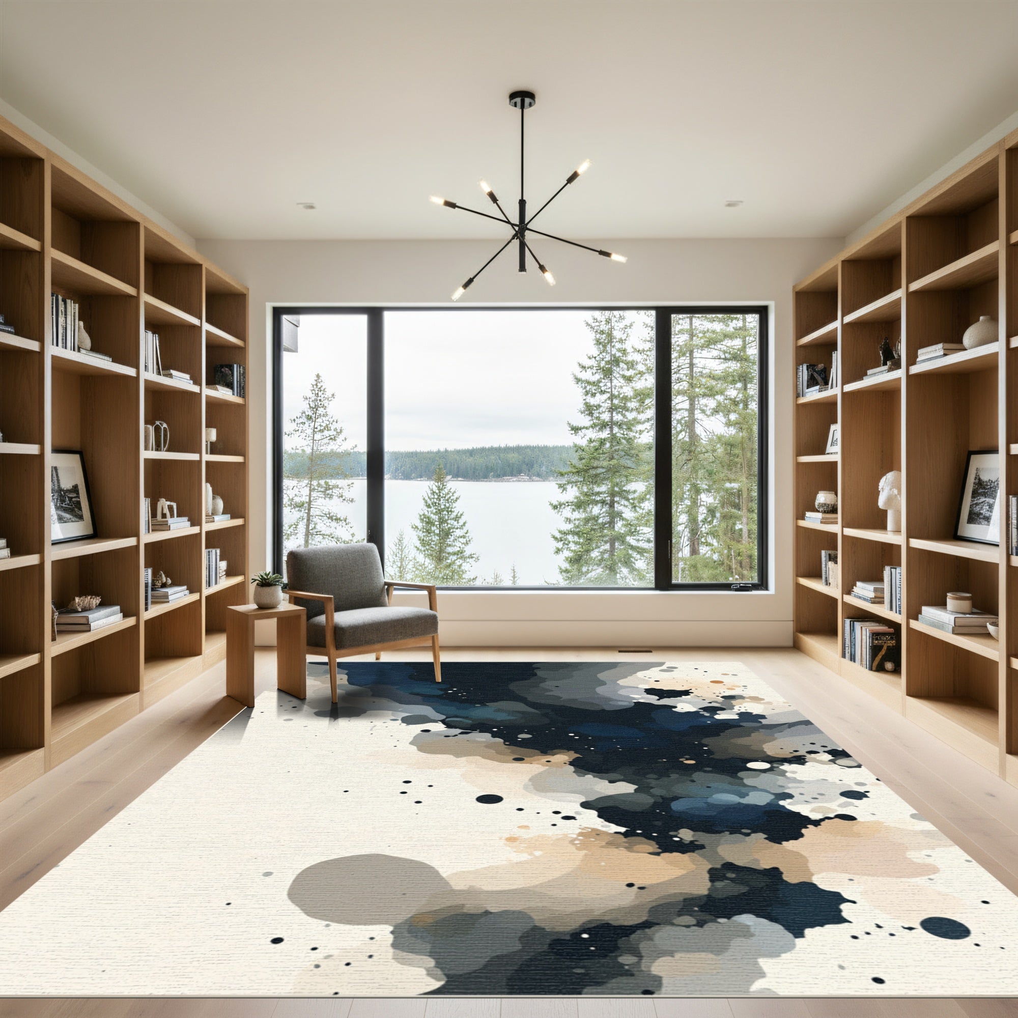 Navy Blue Abstract Ink Wash Rug