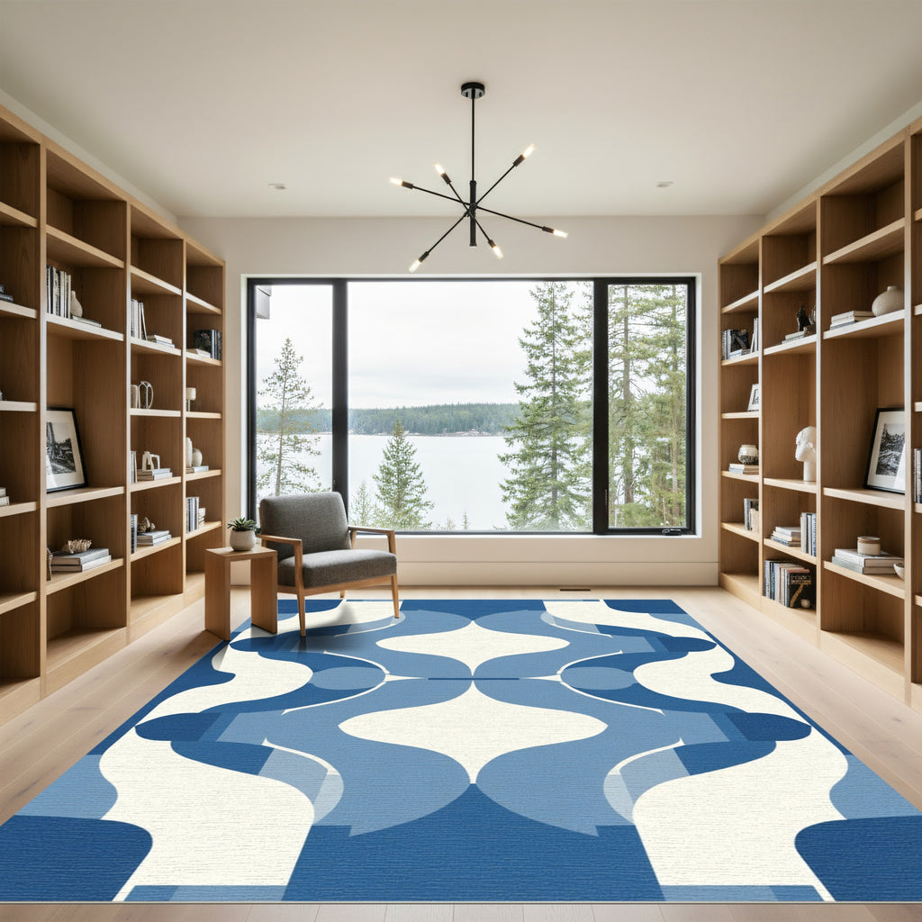 Cool Blue Geometric MidCentury Flow Rug