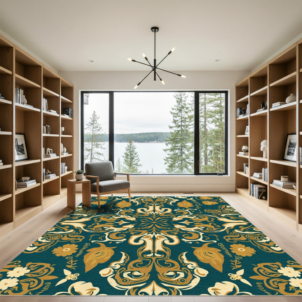 Teal Gold Floral Medallion Symmetry Rug