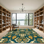 Teal Gold Floral Medallion Symmetry Rug
