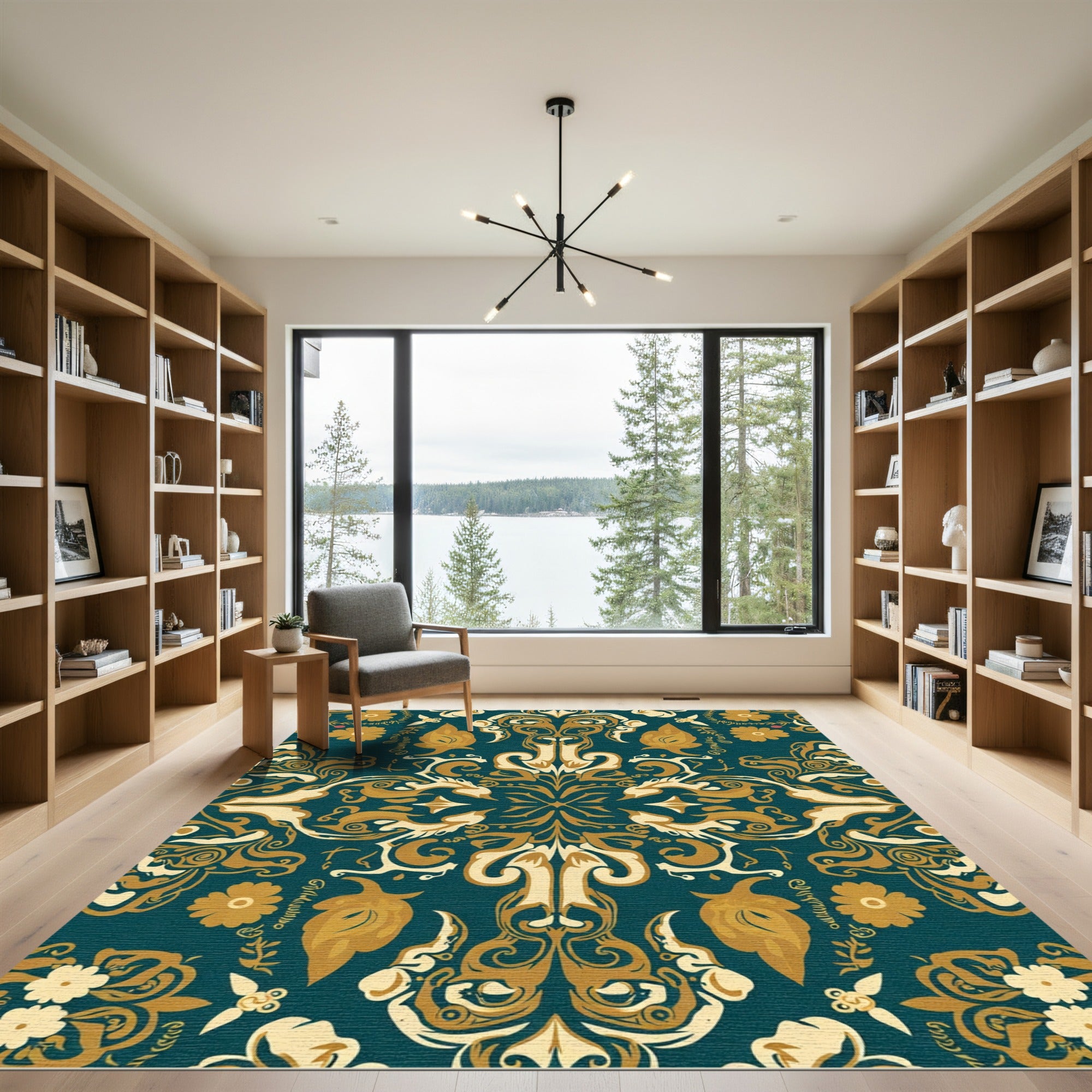 Teal Gold Floral Medallion Symmetry Rug