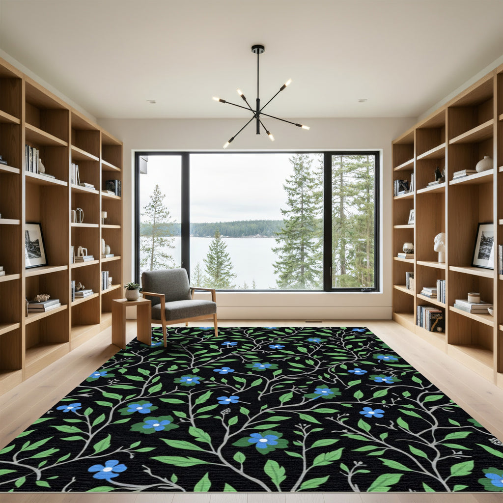 Black Blue Green Floral Vine Swirl Rug