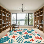Teal Red Tropical Leaf Composition Rug