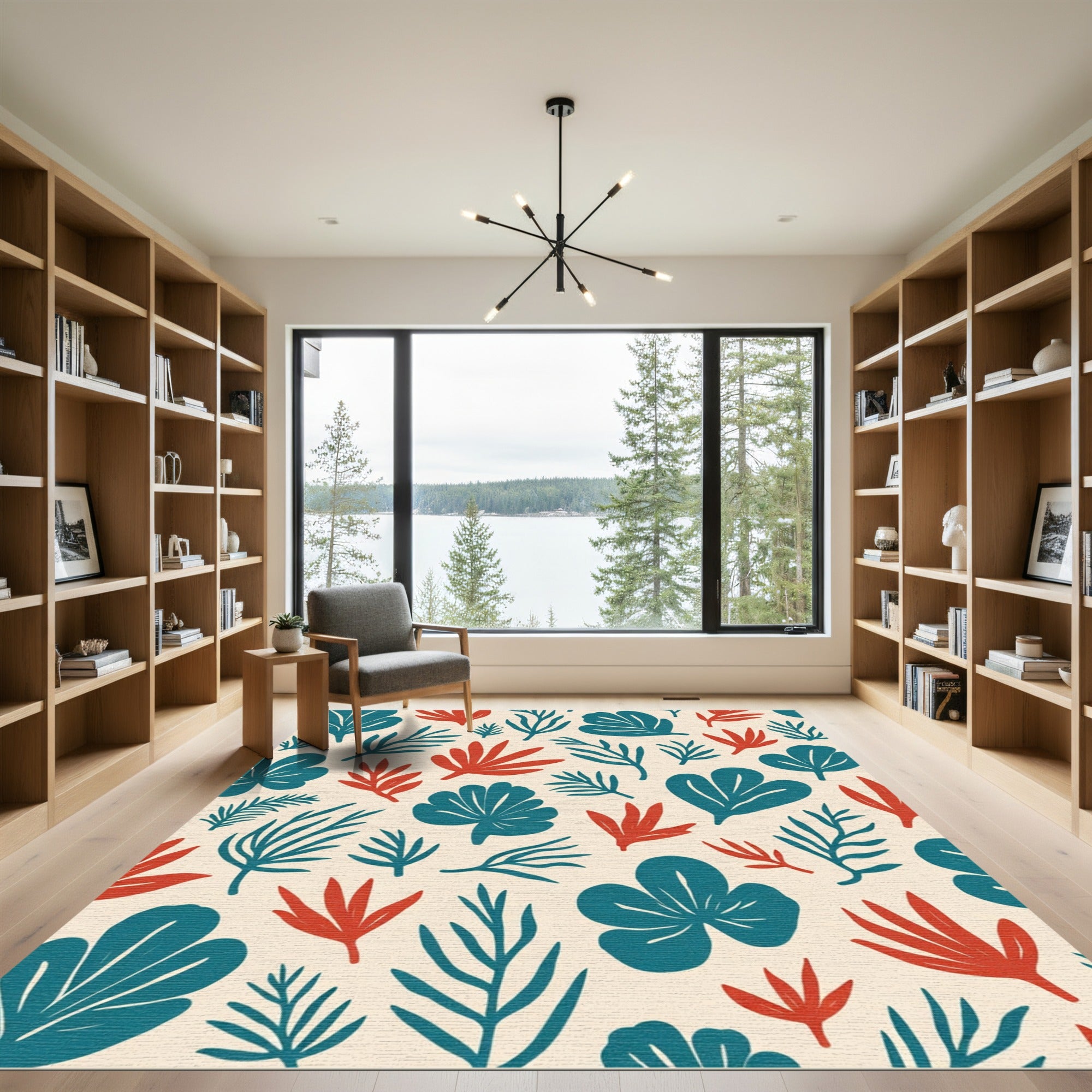 Teal Red Tropical Leaf Composition Rug