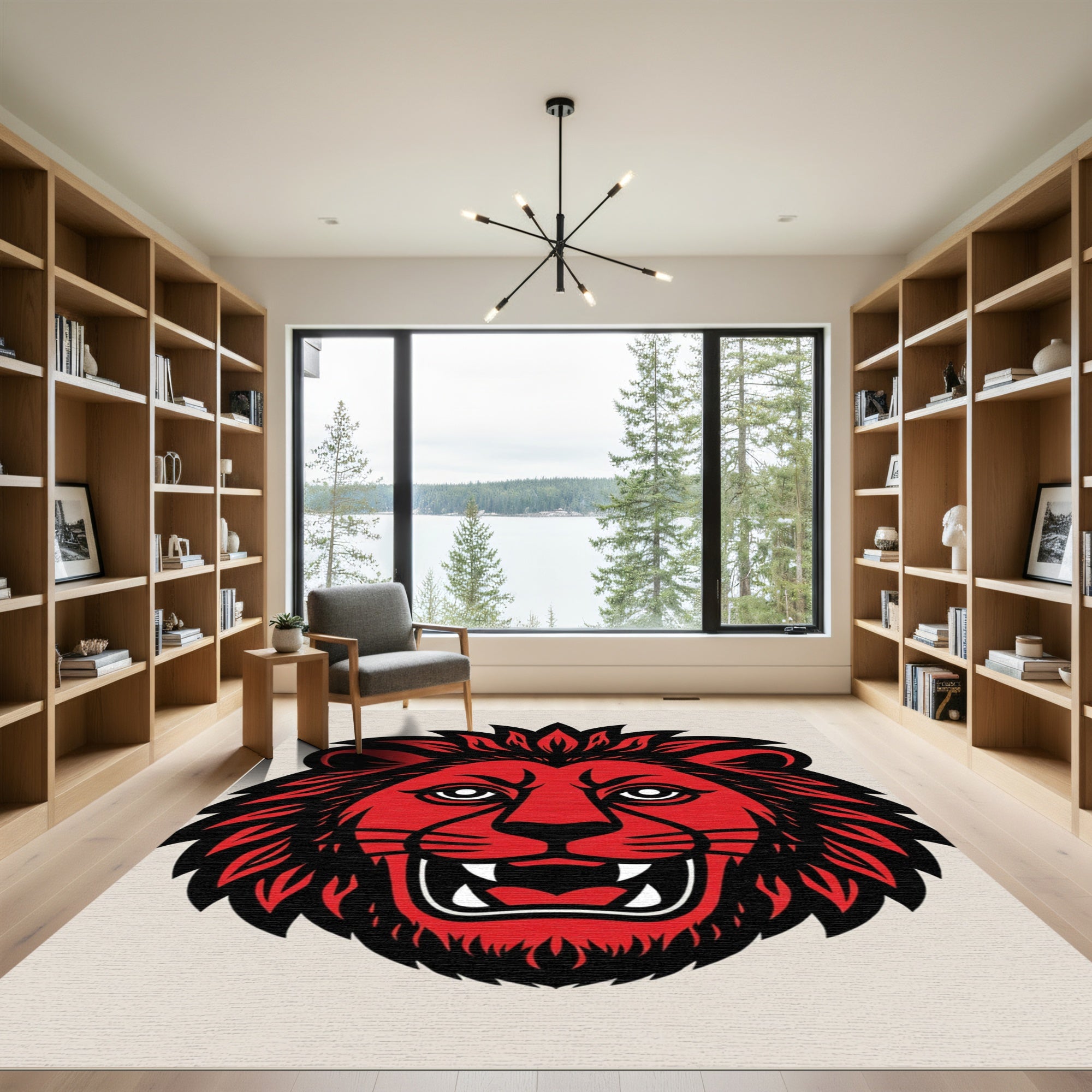 Bold Red Lion Head Graphic Rug