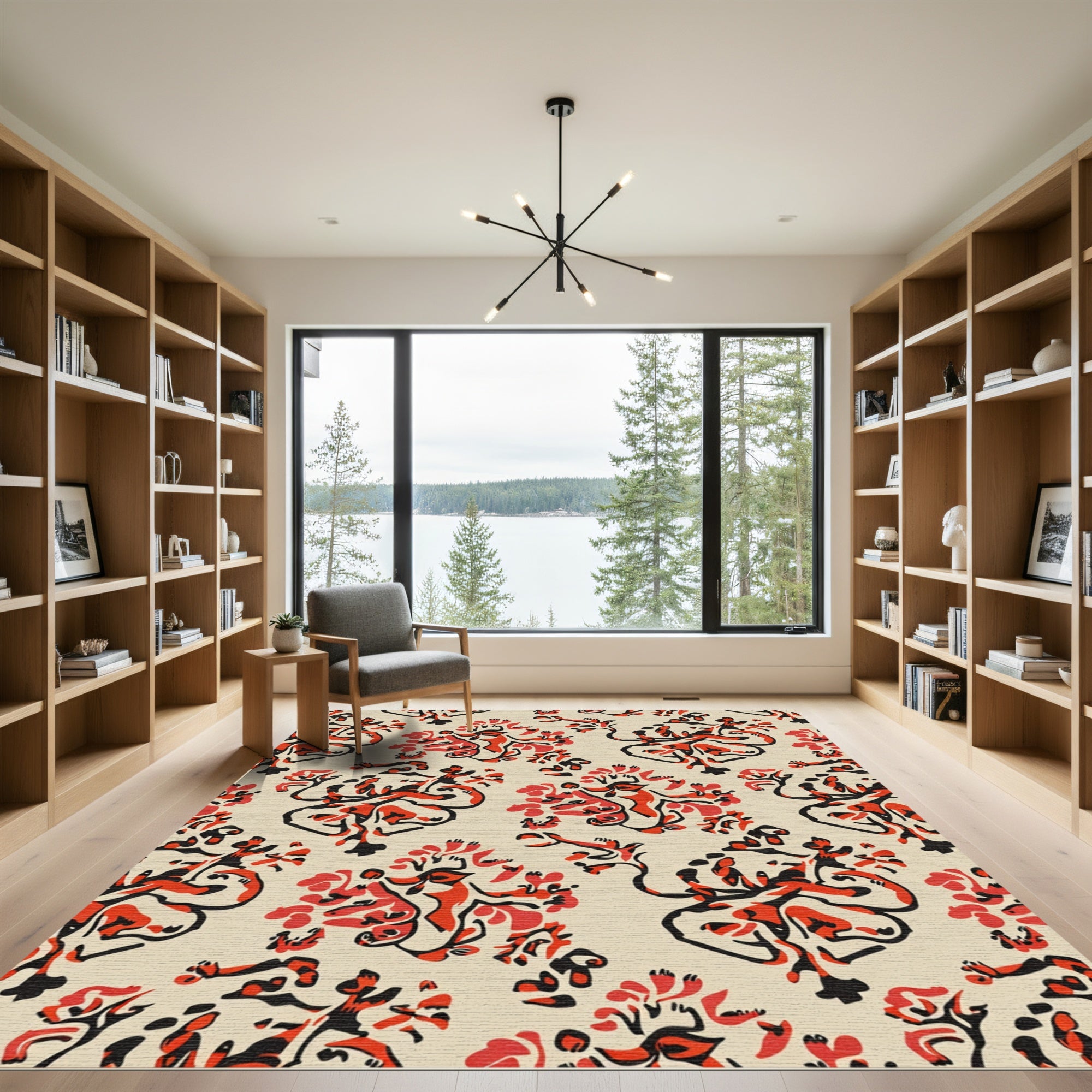 Crimson Red Abstract Floral Swirl Rug