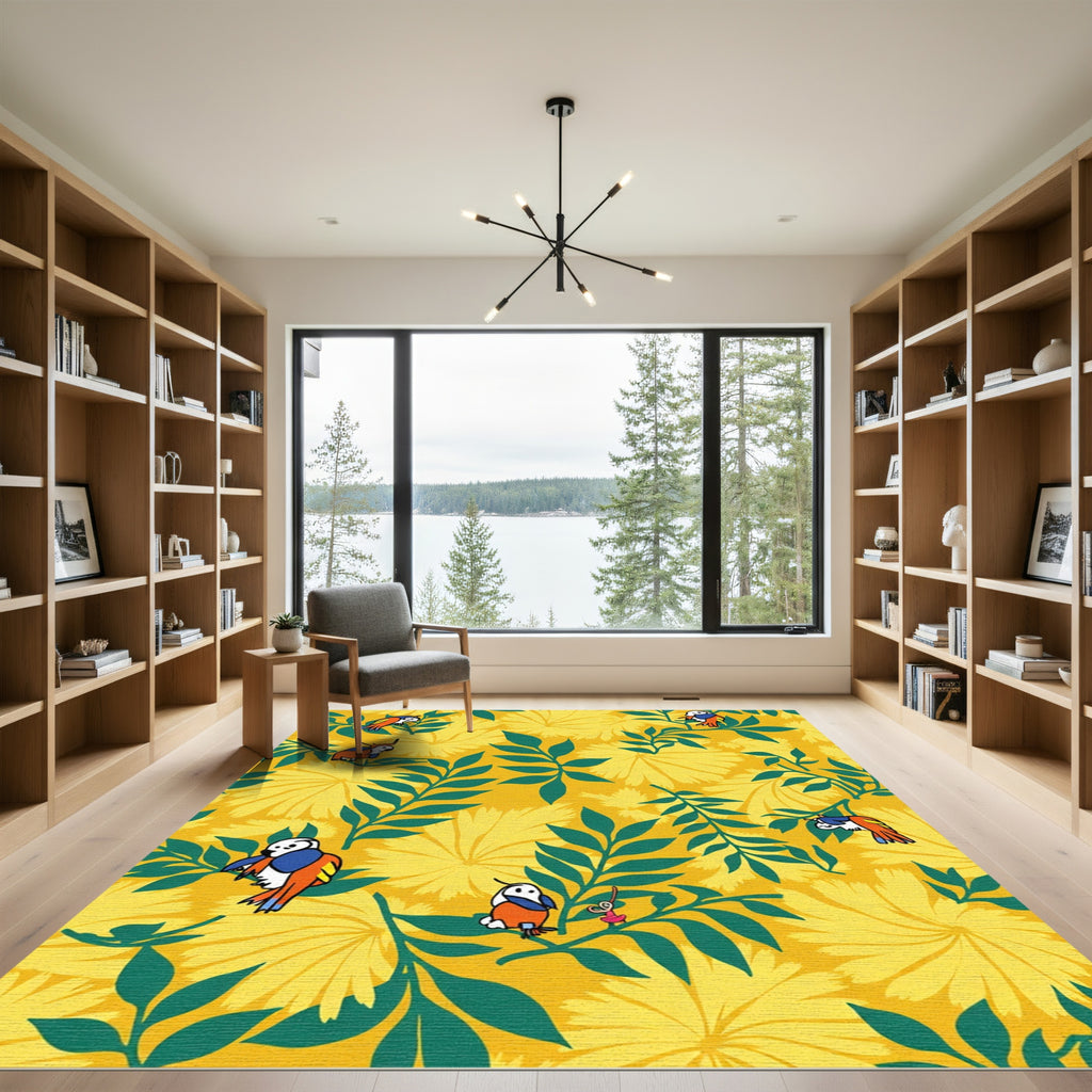 Yellow Floral Parrot Garden Scene Rug