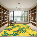 Yellow Floral Parrot Garden Scene Rug