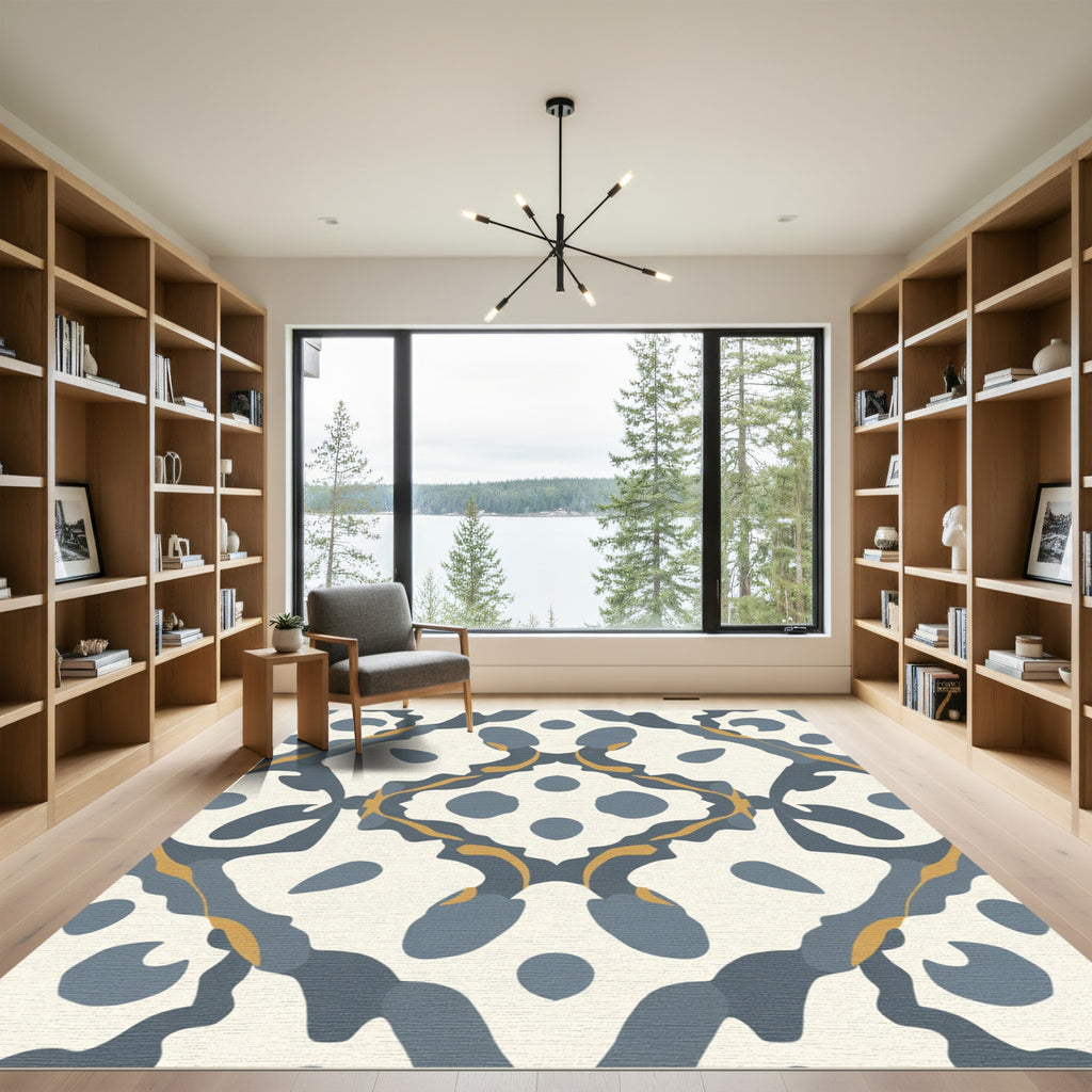 Cream Blue Gold Scrollwork Square Rug