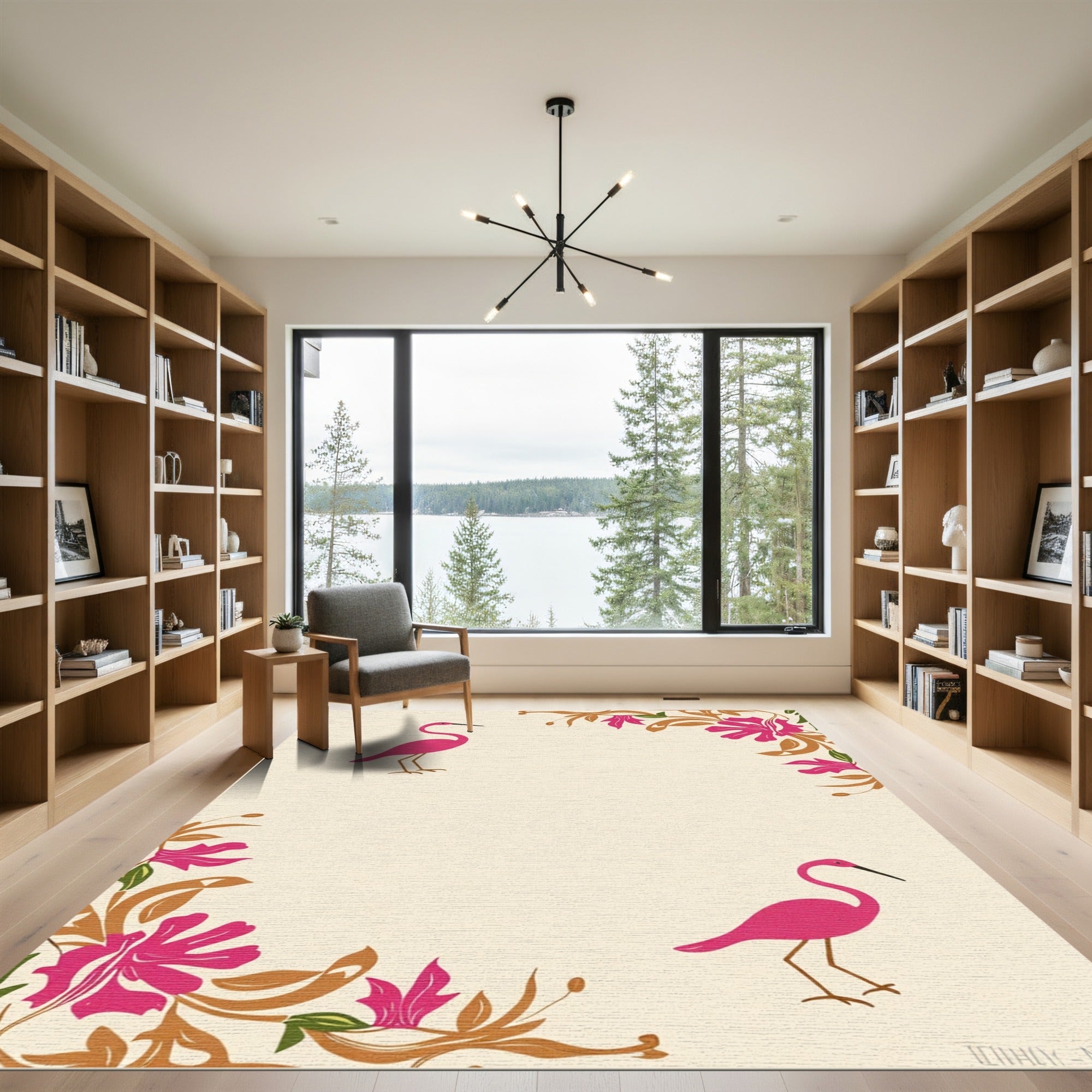 Pink Heron Floral Corner Arrangement Rug