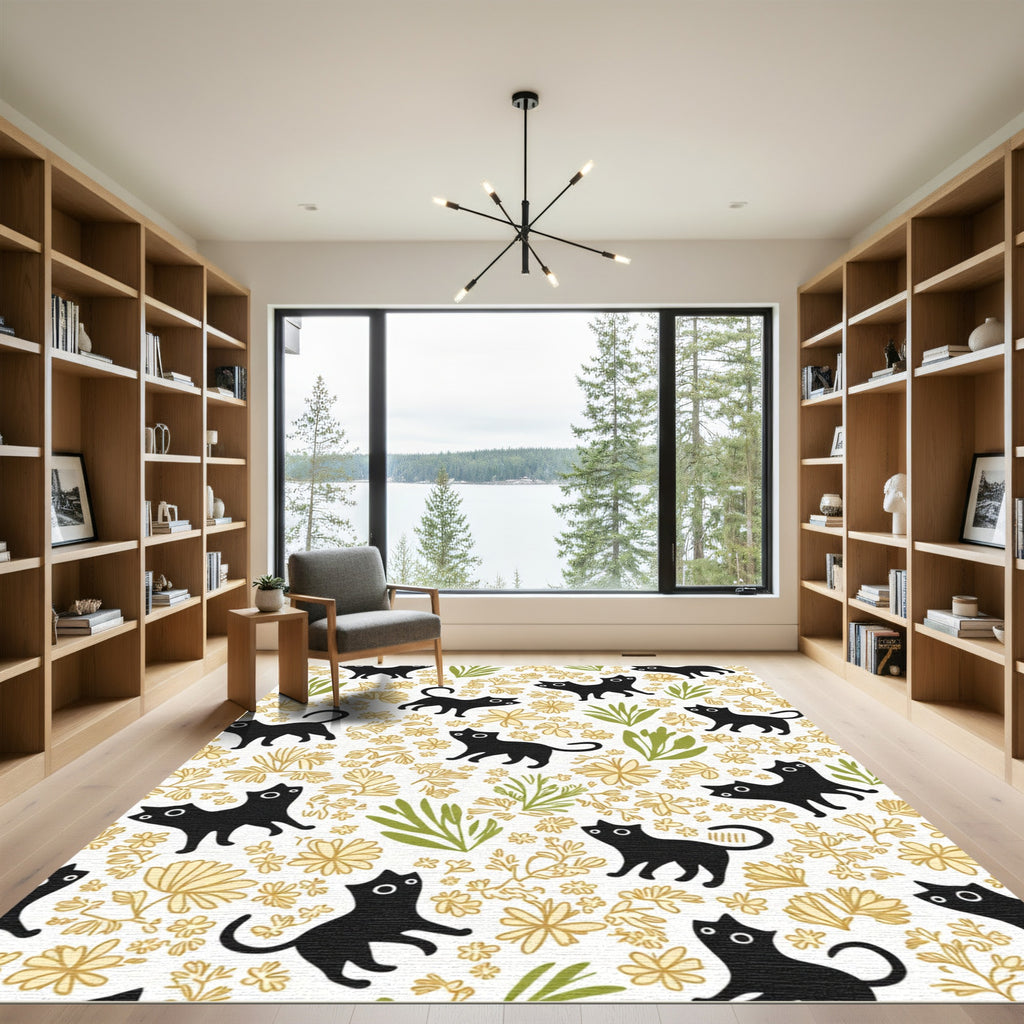 Whimsical Black Cats Golden Floral Field Rug