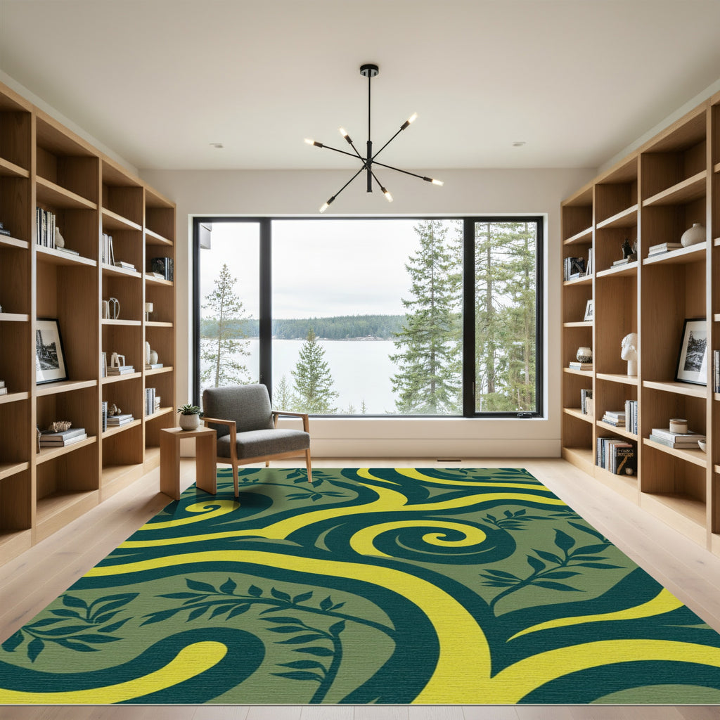 Forest Green Swirl Leaf Vines Rug