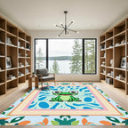 Smiling Green Frog Blue Swirls Rug