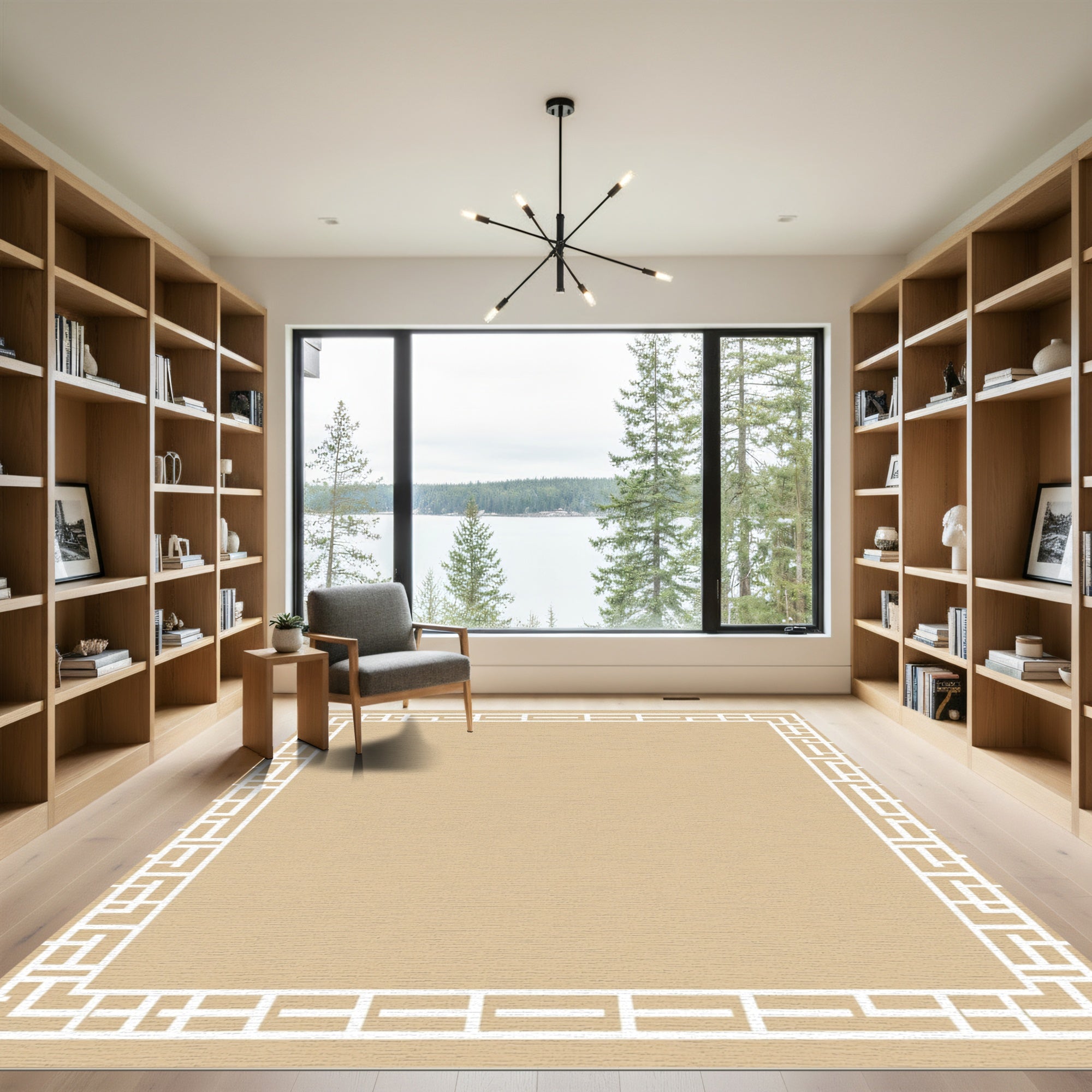 Tan Geometric Lattice Border Rug