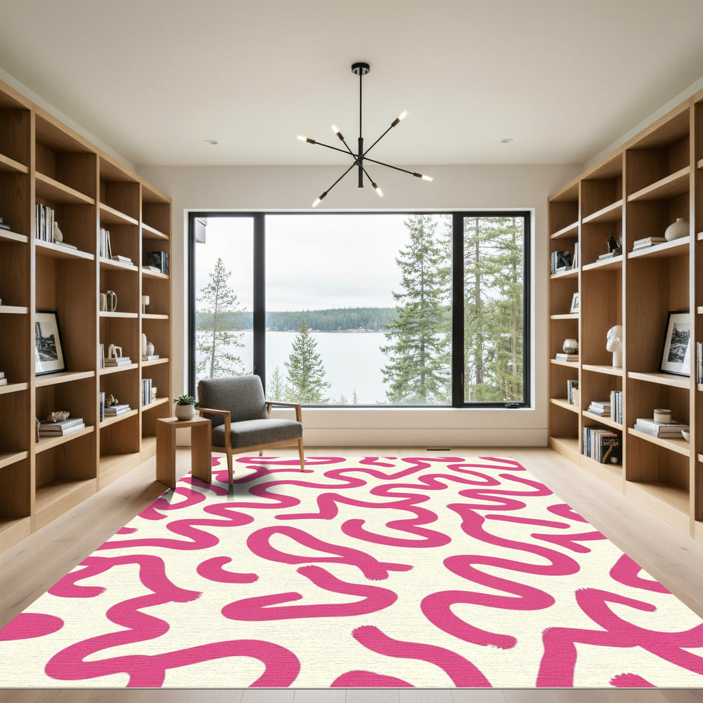Hot Pink Swirl Abstract Cream Rug