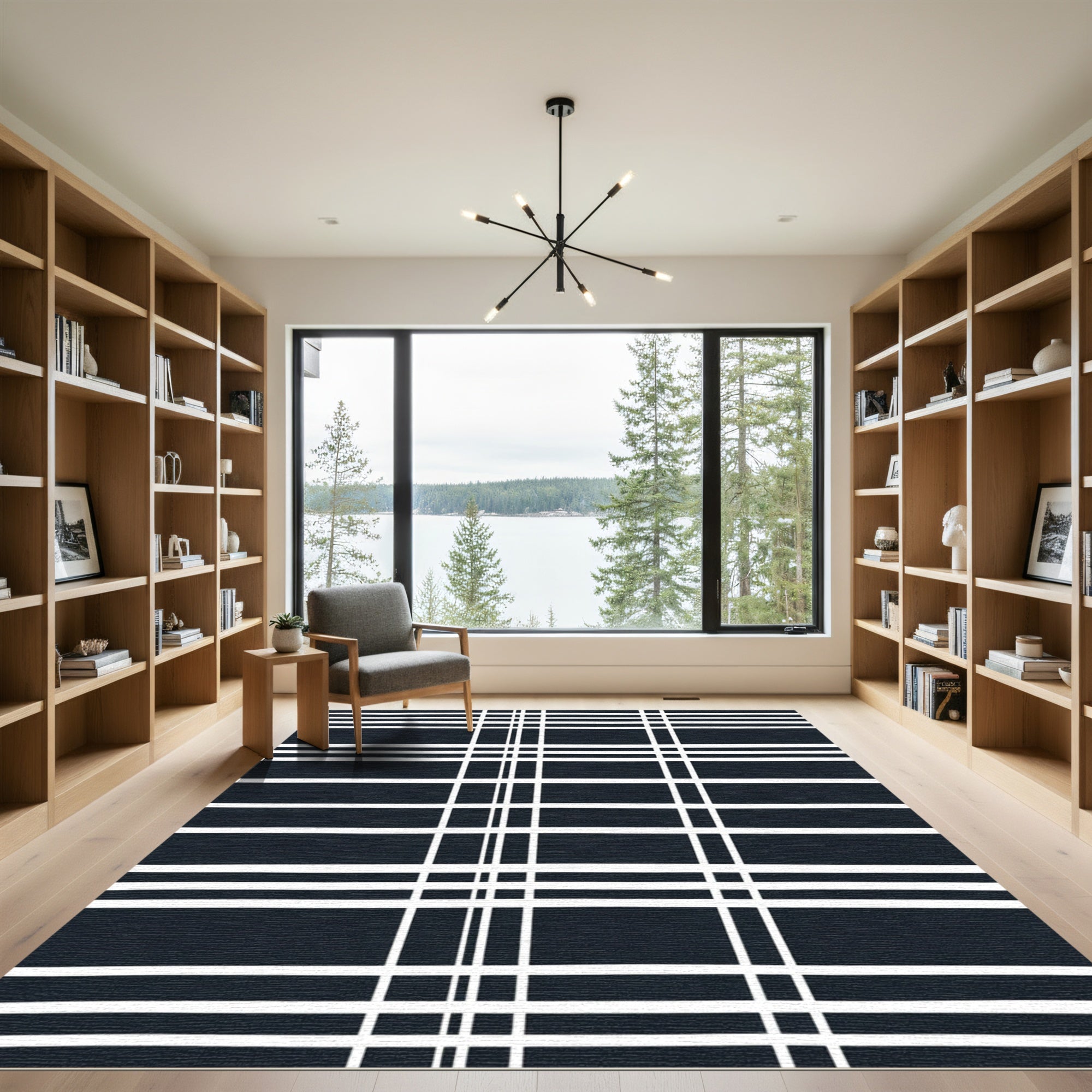 Deep Navy White Plaid Lines Rug