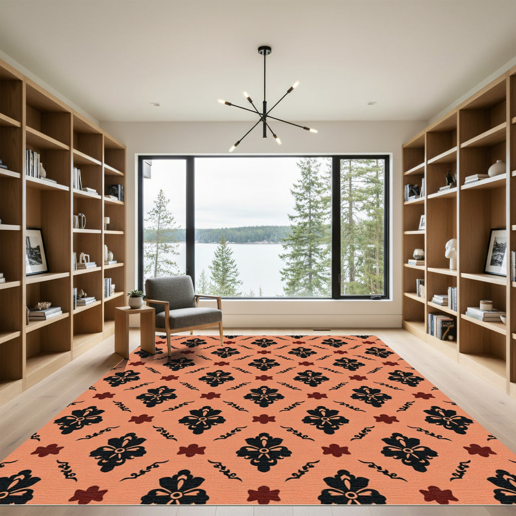 Terracotta Black Floral Damask Medallion Rug