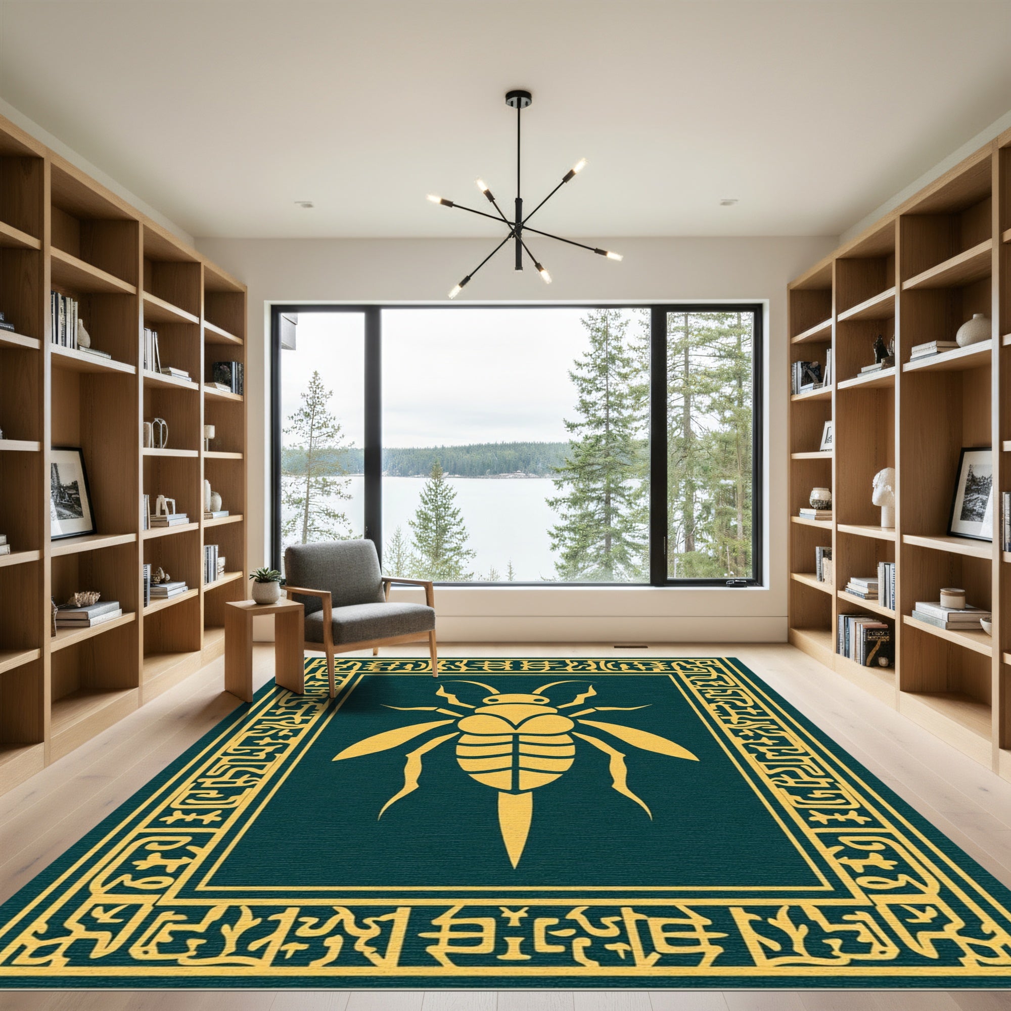 Golden Insect Teal Ornate Border Rug