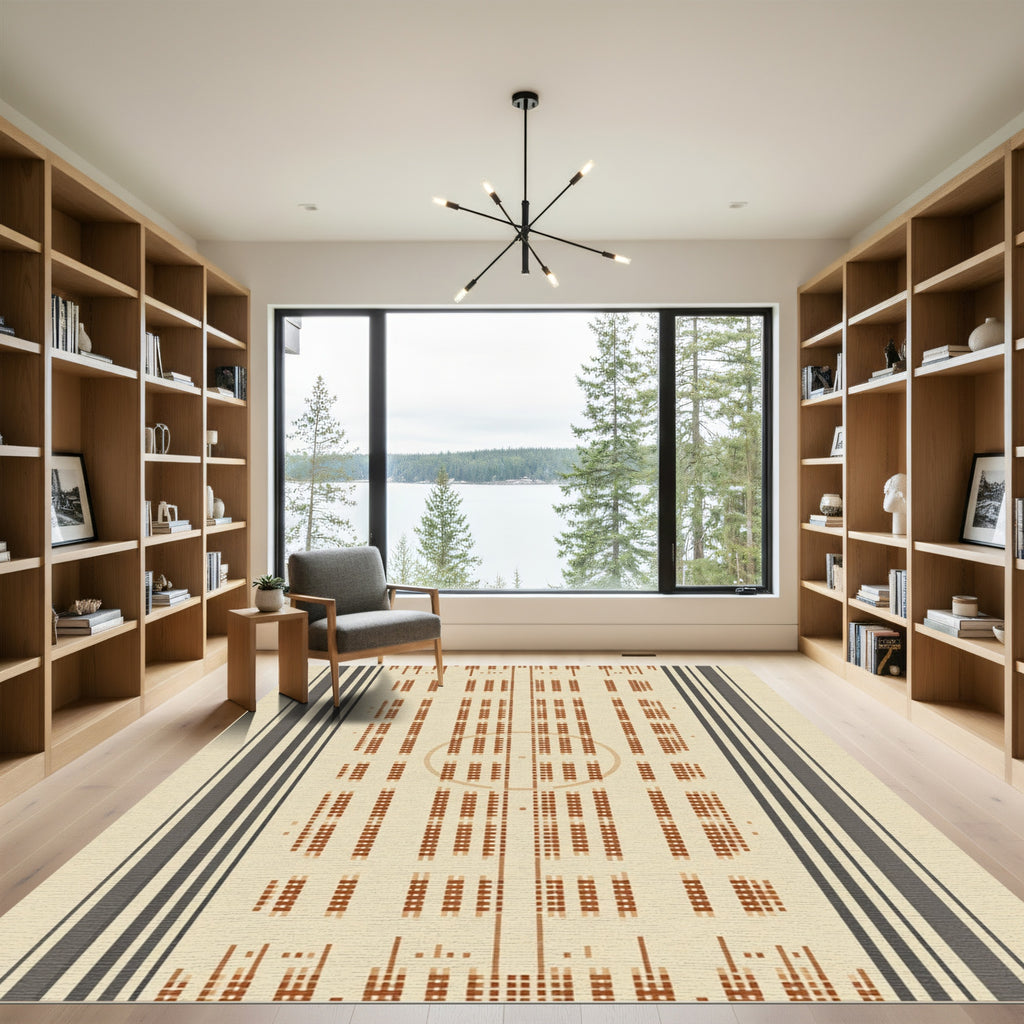 Rustic Beige Striped Grid Rug