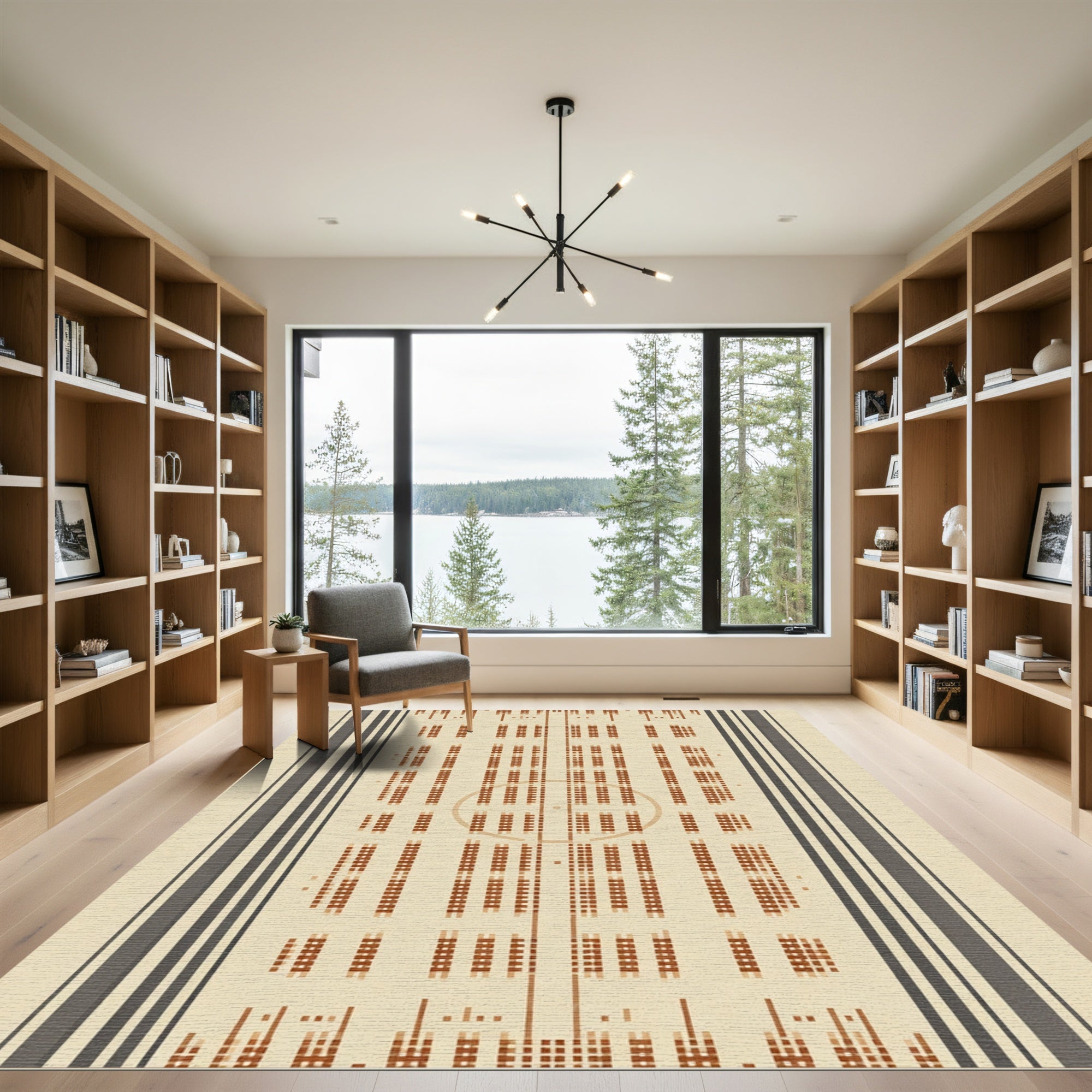 Rustic Beige Striped Grid Rug