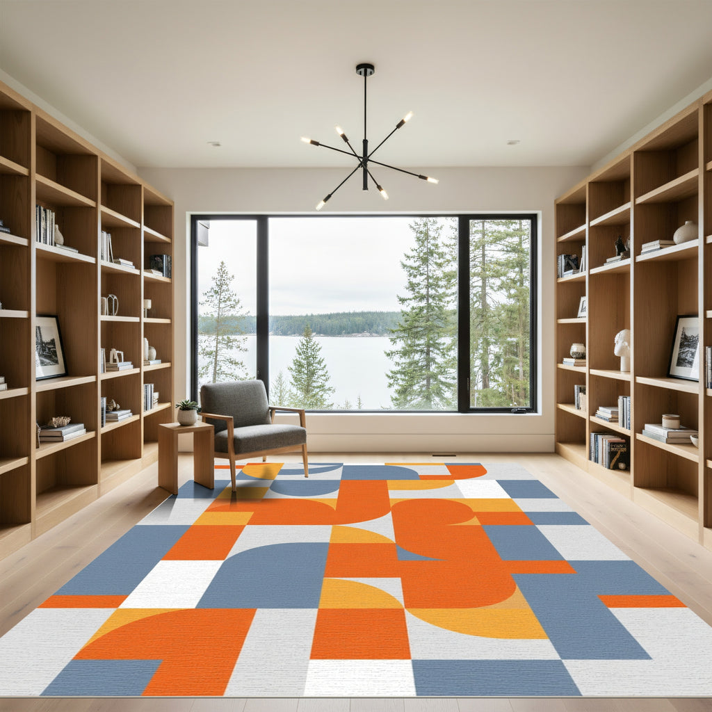 Vibrant Orange Blue Geometric Abstraction Rug