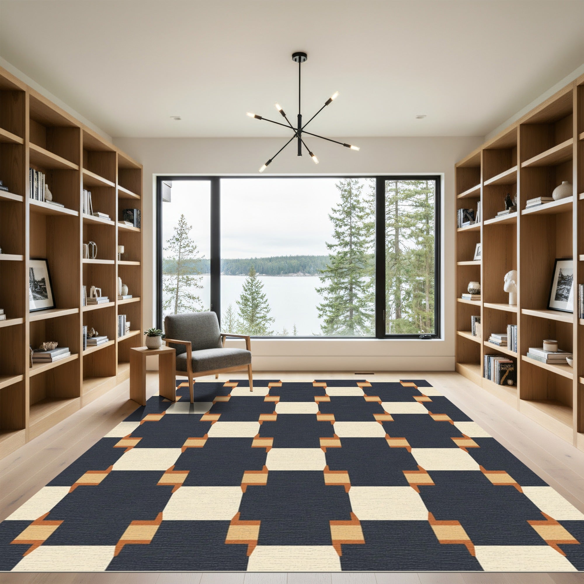Navy Cream Ochre Interlocking Squares Rug