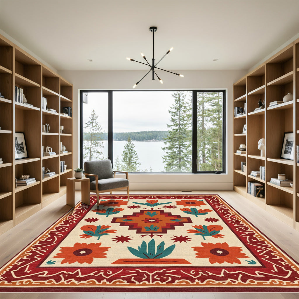 Terracotta Orange Folk Art Floral Rug