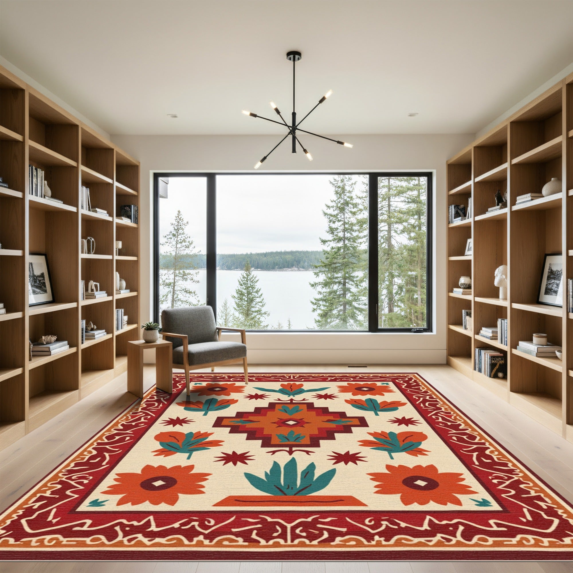Terracotta Orange Folk Art Floral Rug