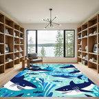 Playful Dark Blue Shark Water Splash Rug