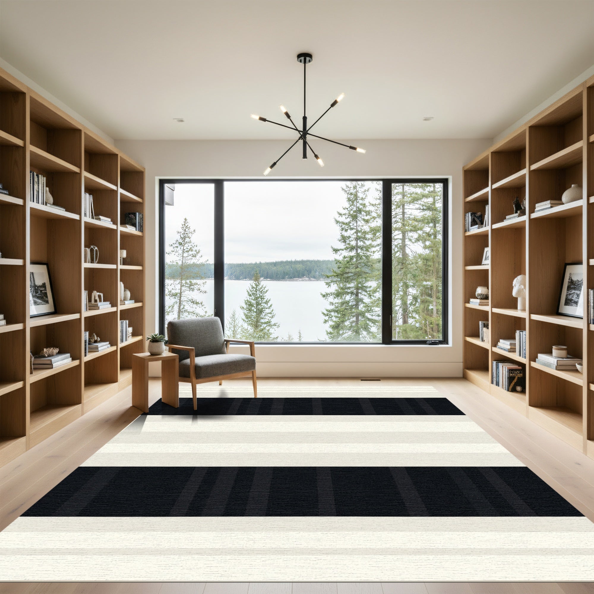 Cream and Black Striped Contemporary Rug