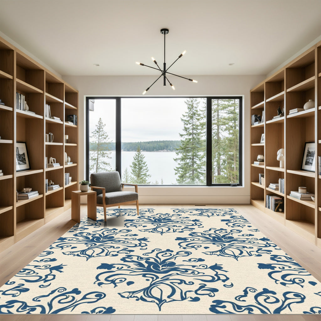 Navy Blue Floral Scrollwork Wallpaper Rug