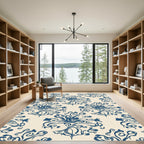 Navy Blue Floral Scrollwork Wallpaper Rug