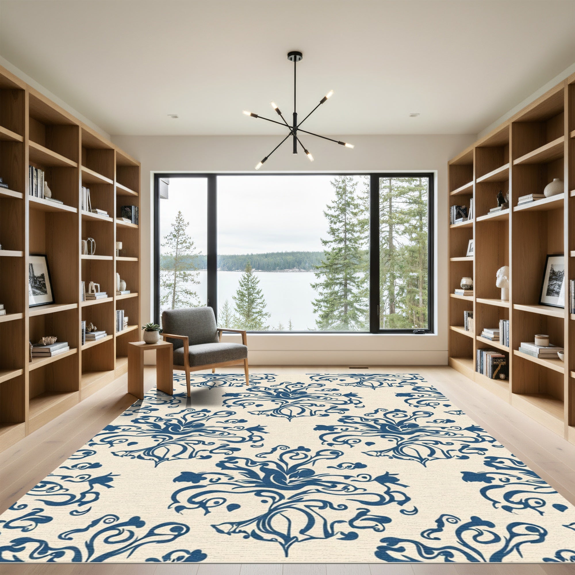 Navy Blue Floral Scrollwork Wallpaper Rug