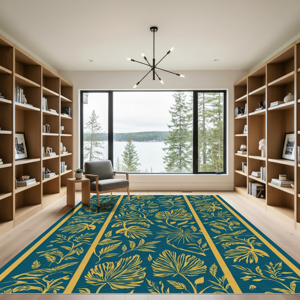 Teal Golden Leaf Botanical Stripes Rug