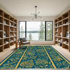 Teal Golden Leaf Botanical Stripes Rug