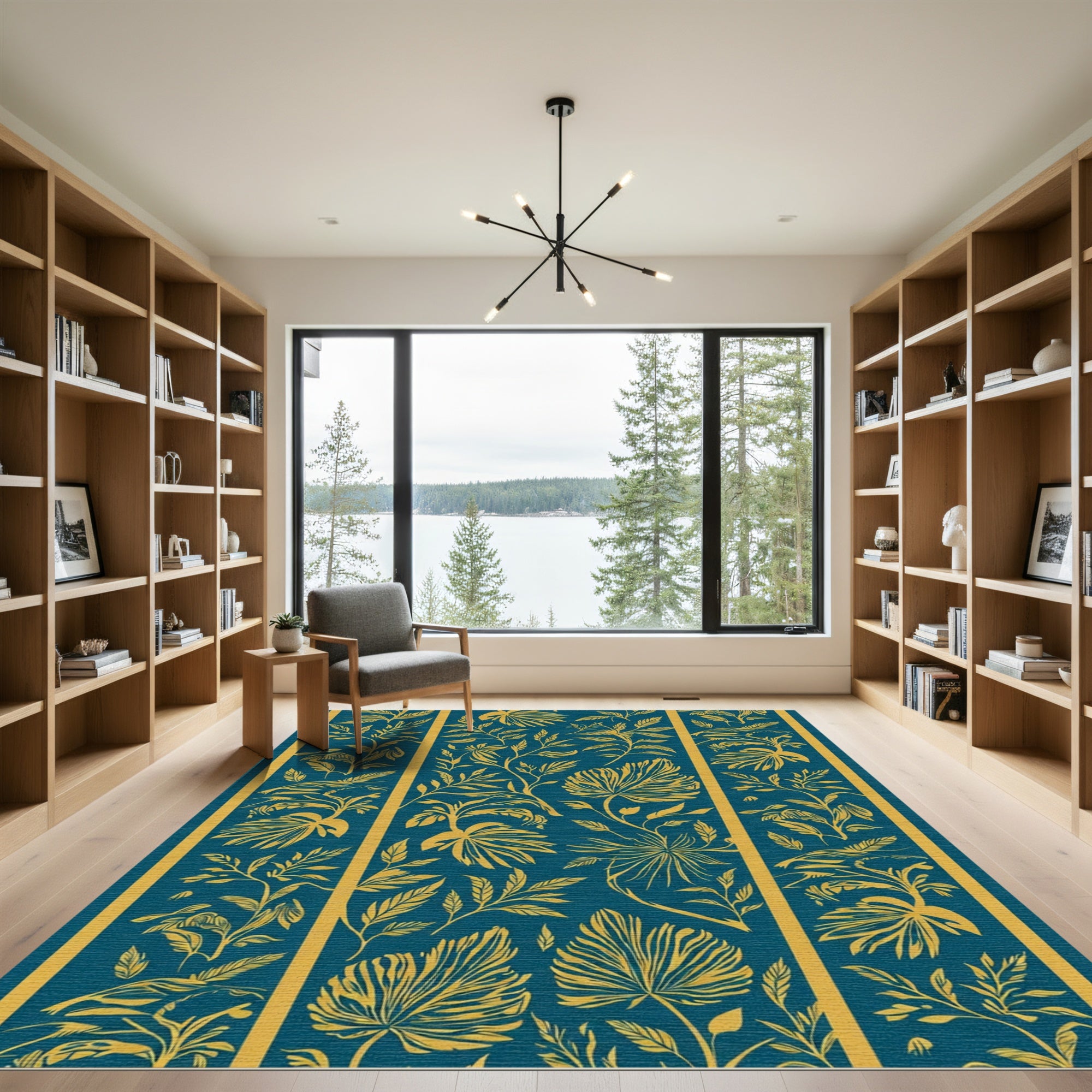 Teal Golden Leaf Botanical Stripes Rug