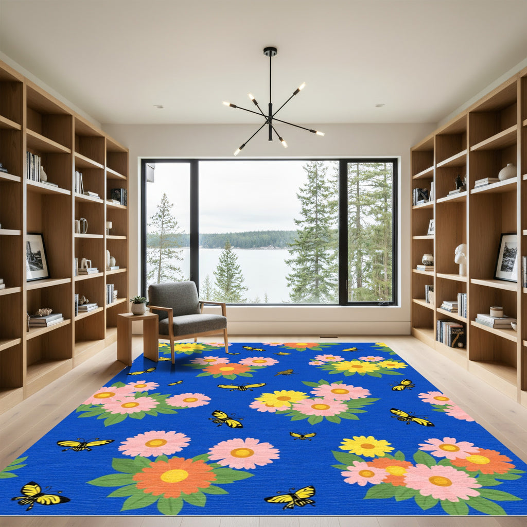 Yellow Butterflies And Pink Floral Meadow Rug