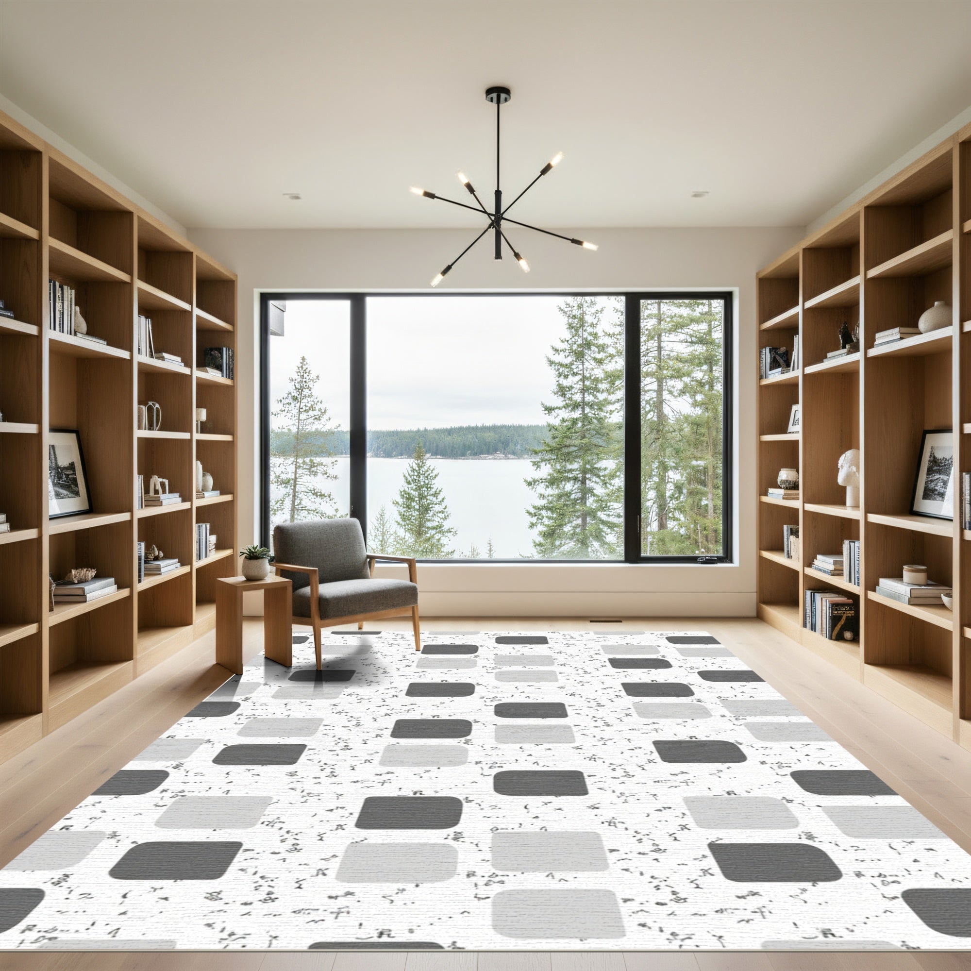 Modern Charcoal Gray Square Grid Rug