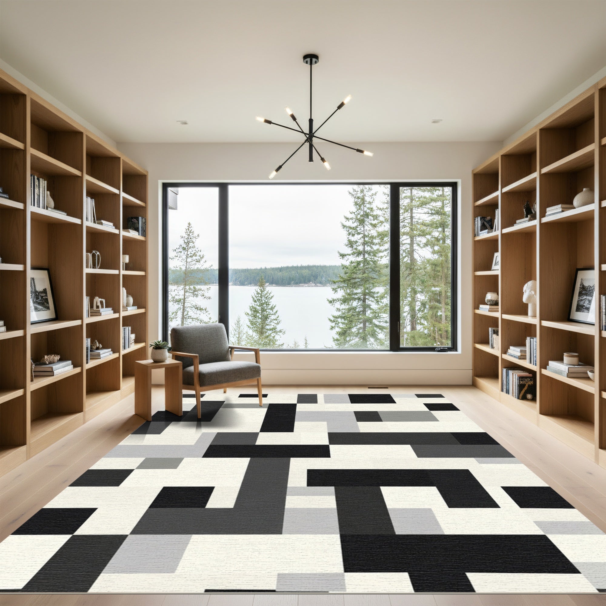 Modern Black White Geometric Rectangles Rug
