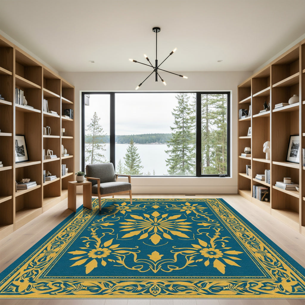 Teal Golden Floral Medallion Border Rug