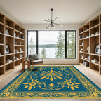 Teal Golden Floral Medallion Border Rug