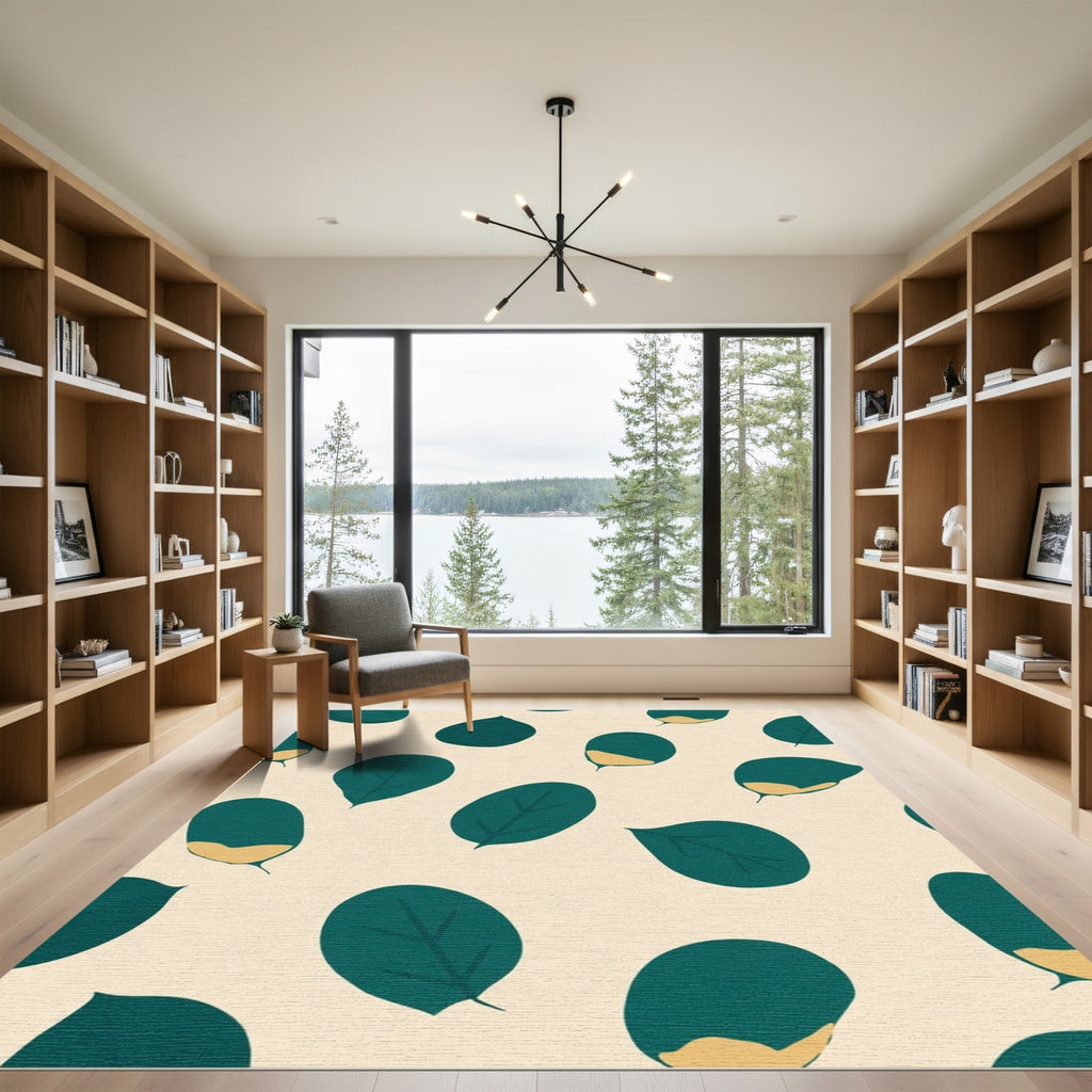 Teal Leafy Abstract Cream Background Rug