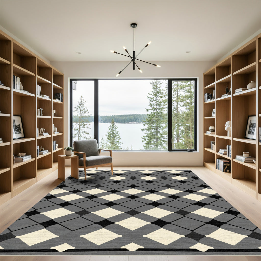 Gray Black Ivory Diamond Lattice Rug