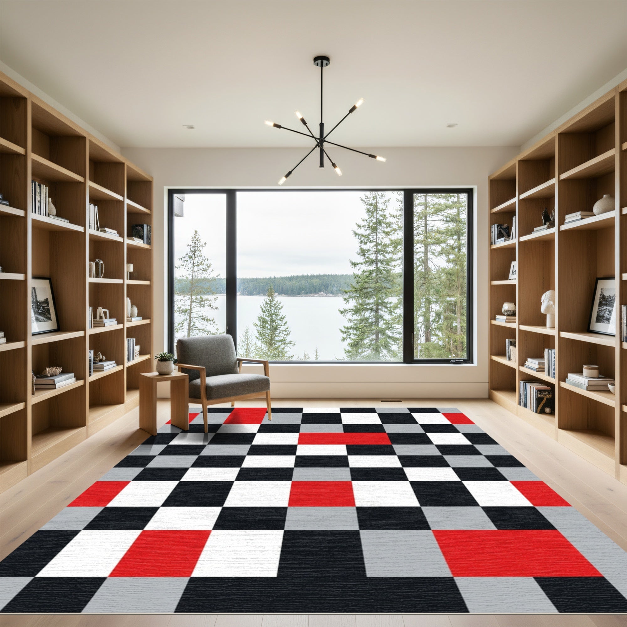Bold Checkerboard Red Black White Squares Rug