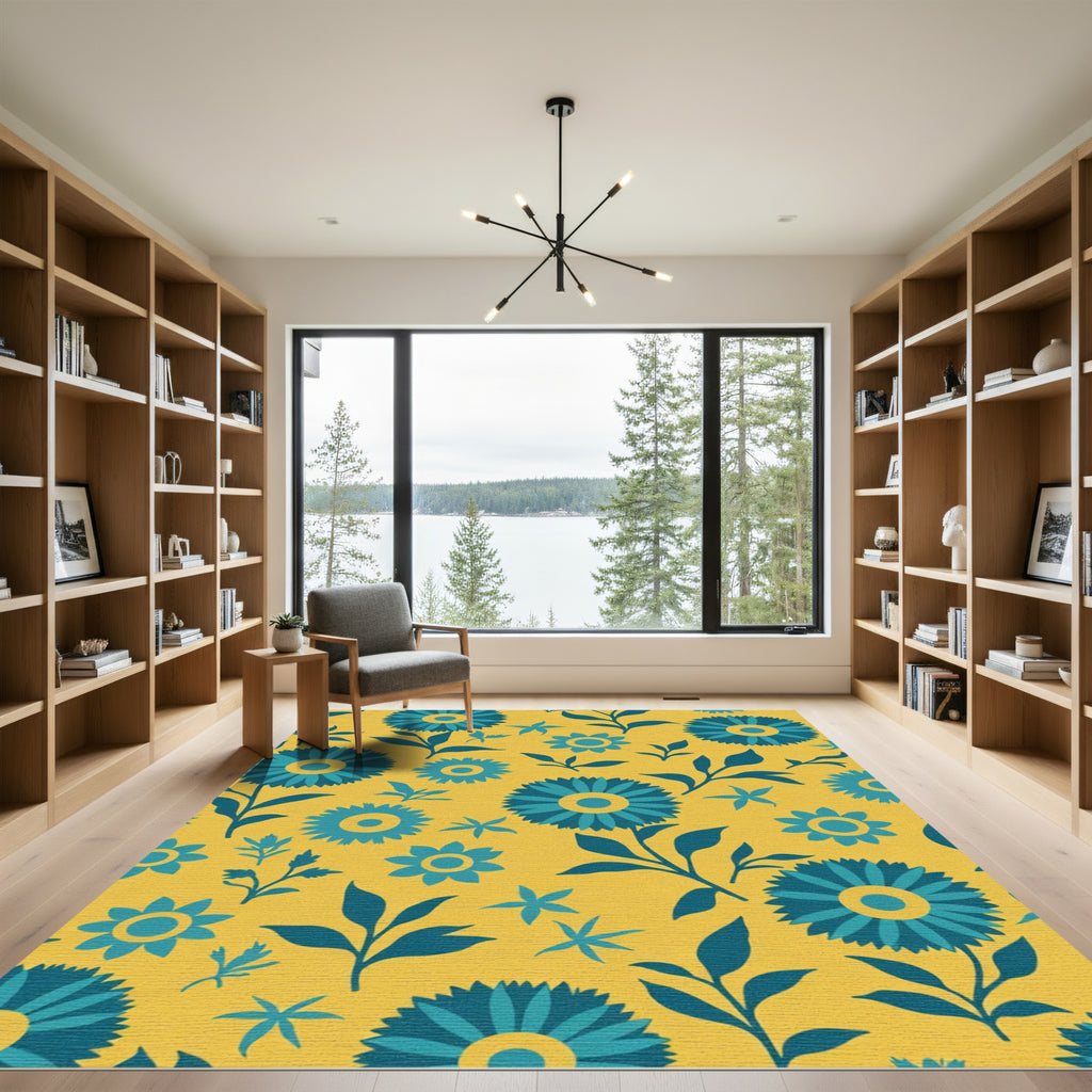 Teal Floral Bloom Yellow Background Rug