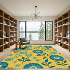Teal Floral Bloom Yellow Background Rug