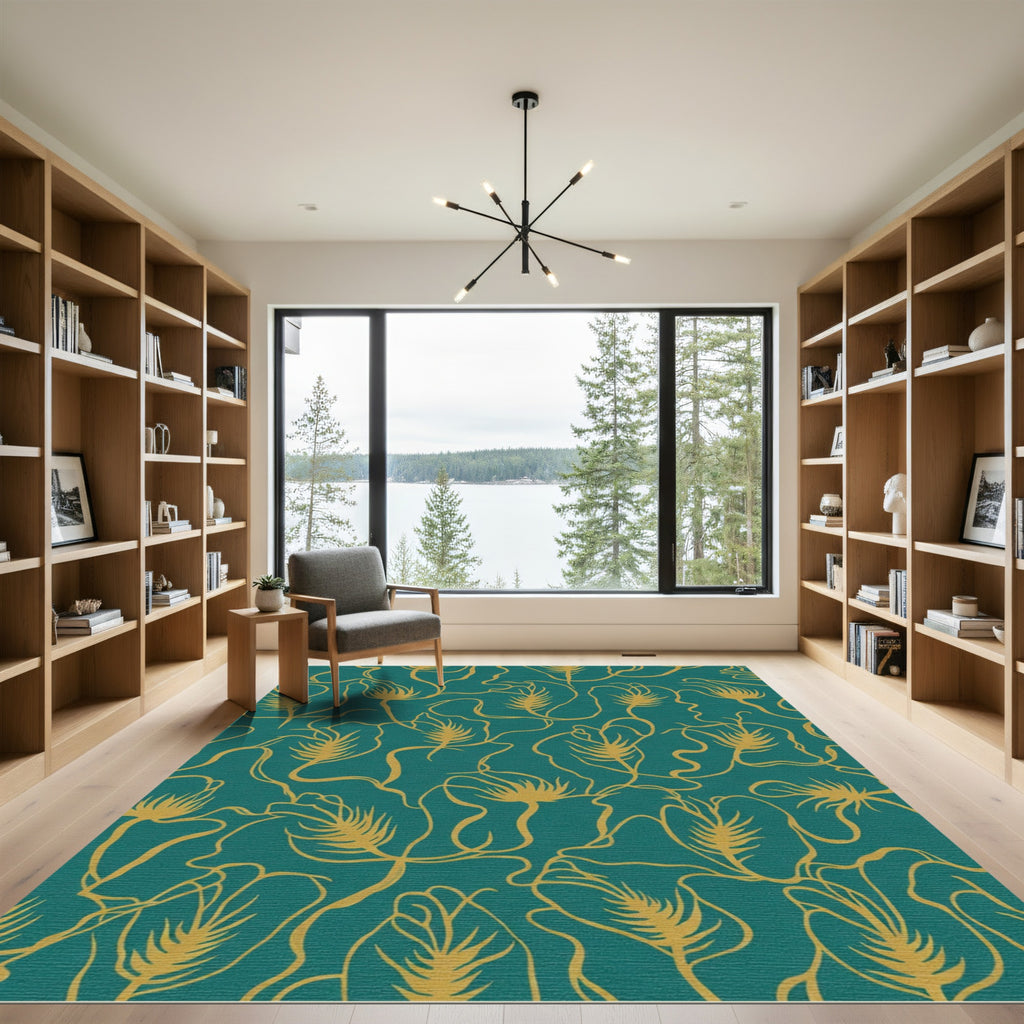 Teal Gold Botanical Vine Rug