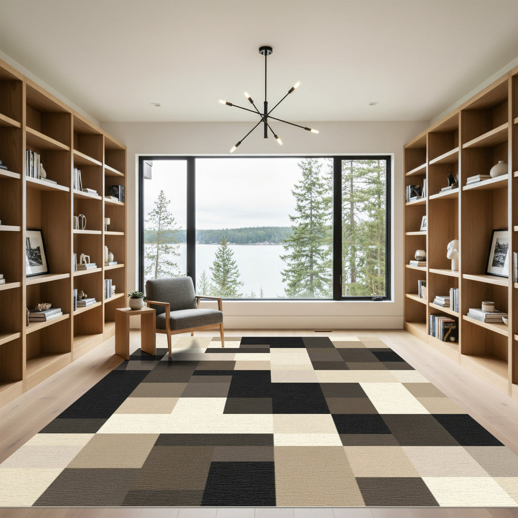 Neutral Tones Geometric Grid Rug